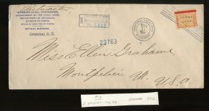 Canal Zone 13 on 1906 Registered Official Business Cover Cristobal to Vermont