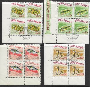 Romania #1635-1637, 1639 used. Fish - Corner Blocks of 4.  Very nice.