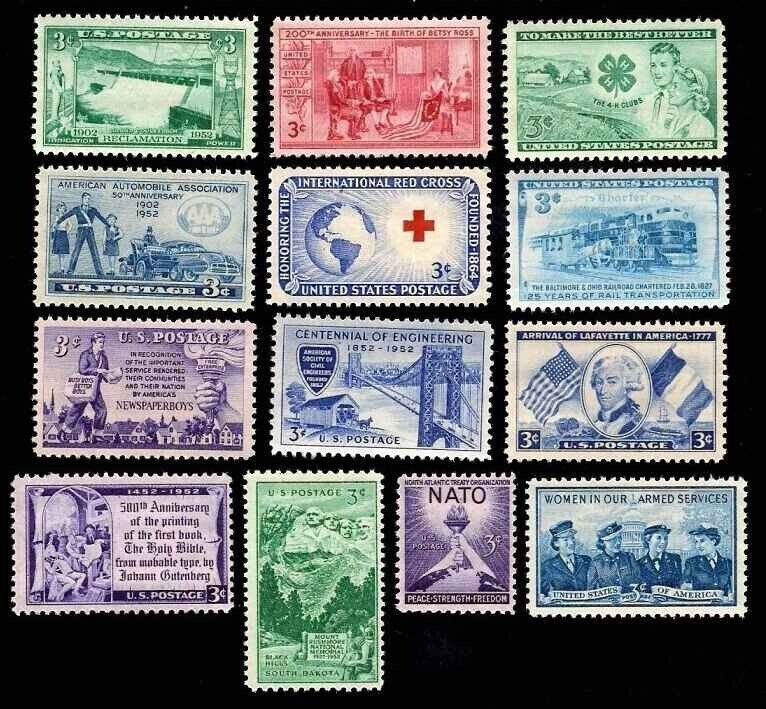 US 1952 Complete Year SET of Mint -Mnh- Vintage U.S. Postage Stamps Sc  1004-1016