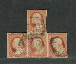 US Sc#11a Used, Irregular Block Of 4 Plated Faults, Cv. $1000