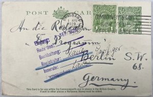 Australia Brisbane 1c Postal Stationery Card to Germany 1928 uprated