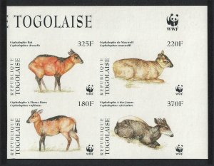Togo WWF West African Duikers T2 Block of 4 IMPERF WWF Logo 1996 MNH