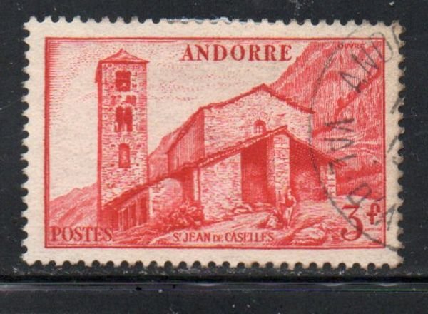 Andorra (Fr) Sc 115 1951 3 fr red St Jean de Caselles stamp used