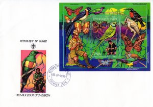 Guinea  1988  Mi#Bl.305A Birds/Butterflies/Scouts/Nature S/S Perforated FDC