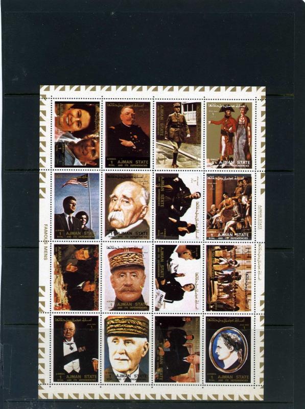 AJMAN 1973 FAMOUS PEOPLE SHEET OF 16 STAMPS MNH