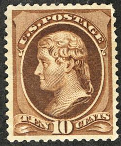 US #209 SCV $300. 10c Jefferson, XF-SUPERB mint lightly hinged, wonderful fre...