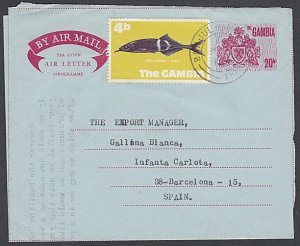 GAMBIA 1974 20b aerogramme uprated 4b fish commercially used to Spain.......J862