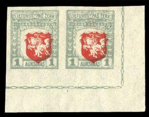 Lithuania #58, 1919 1auk gray and red, center double, imperf. sheet margin ho...