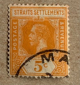 Straits Settlements 1921 KGV 5c orange die I, used. Scott 186a, CV $0.25. SG 225