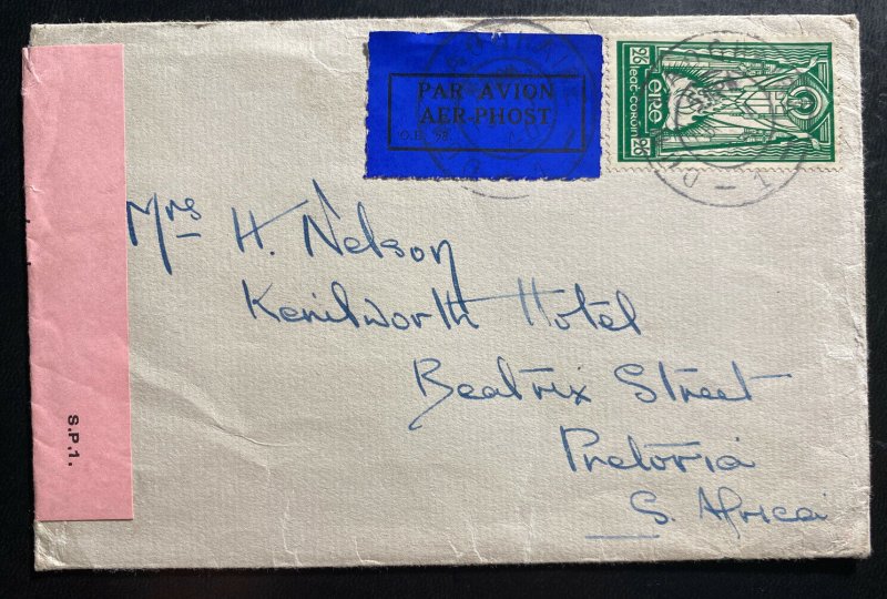 1939 Dun Laogha Ireland Censored War Time Airmail Cover to Pretoria South Africa