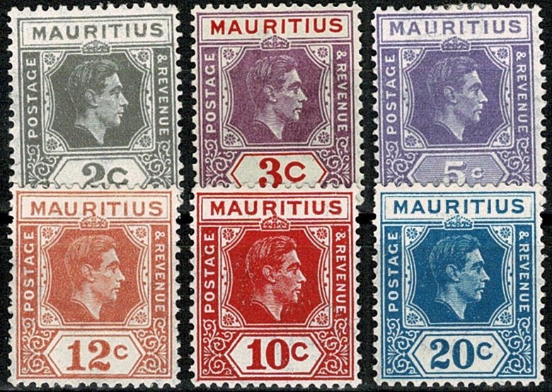 MAURITIUS 1938-49 KG VI 3c-20c (6 STAMPS) PART SET SG252-55-56-58 Wmk.MSCA VGC