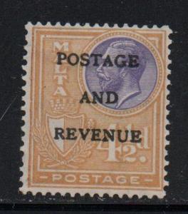 Malta Sc 158 1928 4 1/2d G V Postage & Revenue overprint stamp mint