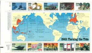 US: 1993 WORLD WAR II 1943;  Sheet of 10, Sc 2765; 29 Cents Values