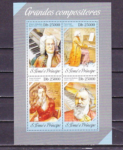 St. Thomas, 2013 issue. Classical Composers sheet of 4. ^