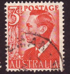 Australia 1951 Sc#235, SG#235 3d Red KGVI  Kings, Royalty USED.