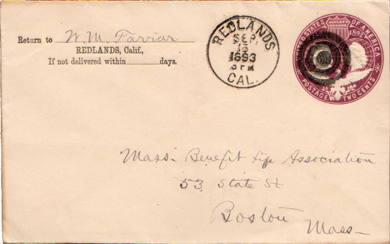 United States California Redlands 1893 target  2c Columbian Envelope.