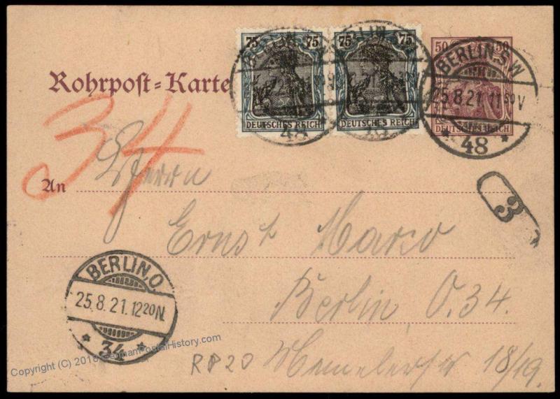 Germany 1921 Inflation Berlin Rohrpost Pneumatic Mail Cover Germania 82613