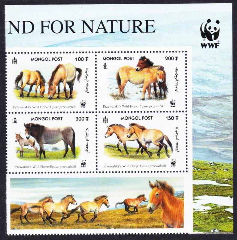 Mongolia WWF Przewalski's Horse Top Right Block of 4 with WWF Logo SG#2861-2864