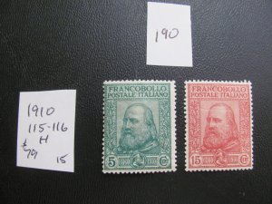 ITALY 1910 HINGED SC 115-116 SET  VF $79 (190)