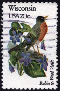 SC#2001 20¢ State Birds & Flowers: Wisconsin; Perf 10½ x 11¼ (1982) Used