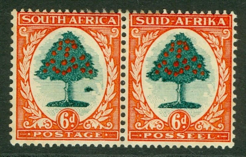 SG 61b South Africa 6d green & vermilion pair. Mounted mint with 'molehill'...