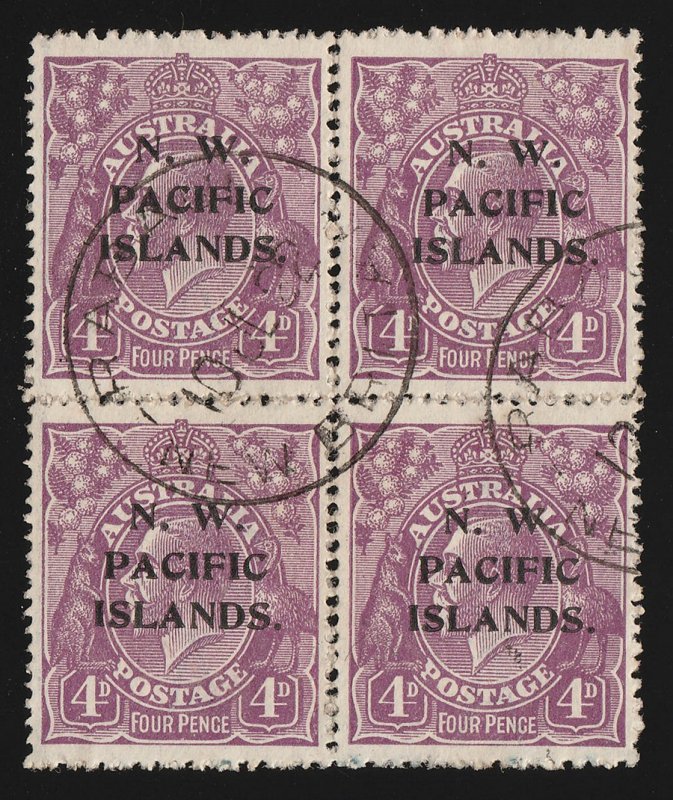 NEW GUINEA - NWPI 1918 KGV 4d violet block . Rare postal used. 