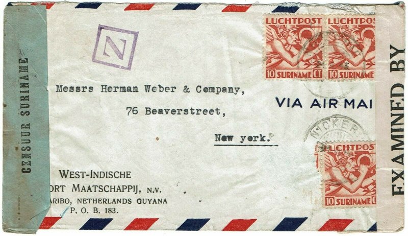 Suriname 1943 Nickerie cancels on airmail cover to U.S., local and U.S. censored