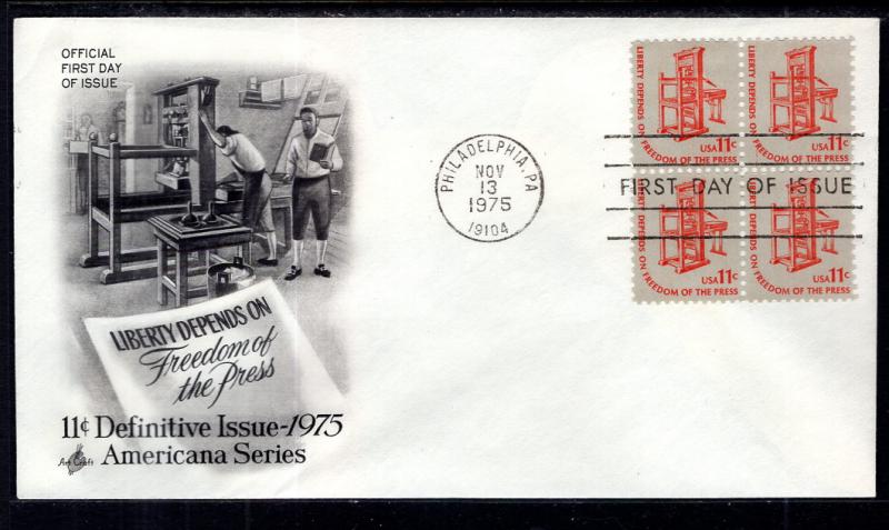 US 1593 Printing Press Block of Four Artcraft U/A FDC