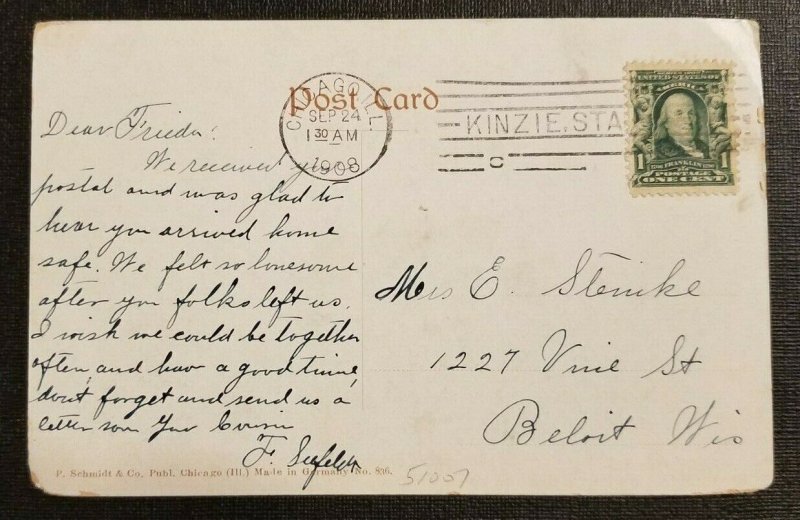 1908 Picture Postcard Cover SS Christopher Columbus Chicago IL to Beloit WI