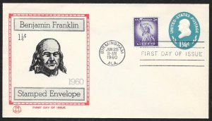 UNITED STATES FDC 1¼¢ Ben Franklin Envelope 1960 Tri Color