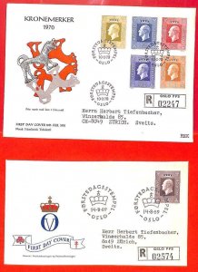 aa1141 - NORWAY - Postal History - Set of 2  REGISTERED FDC Covers 1970 Royalty