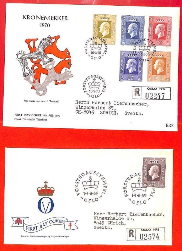 aa1141 - NORWAY - Postal History - Set of 2  REGISTERED FDC Covers 1970 Royalty