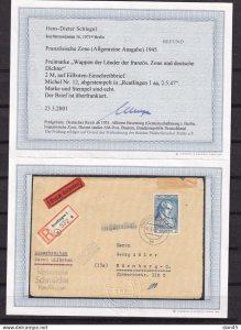 Germany 1947 Registered Cover French Zone Certificate Shiller CV € 1300 15461