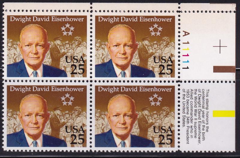 United States 1988 25c Dwight David Eisenhower Issue Plate Number Block VF/NH
