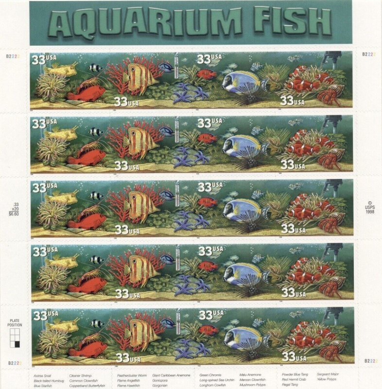 US: 1999 AQUARIUM FISH; Complete Sheet Sc 3317-20; 33 Cent Values 