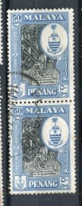 MALAYA; PENANG 1950s early Pictorial Coat of Arms issue used 50c, pair