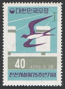 Korea South 311, MNH. Michel 310. Telegraph service, 75th Ann. 1960. Swallow.