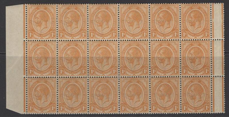 SOUTH AFRICA SG12 1913 1/- ORANGE MNH BLOCK OF 18