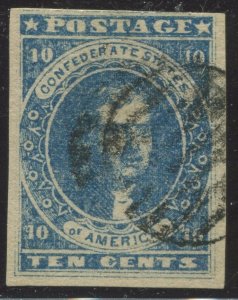 Confederate States 2b Used Stamp with Army 7 Bar Grid Cancel BX5222