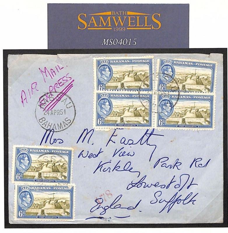 MS4015 1951 BAHAMAS EXPRESS AIRMAIL Nassau Cover Lowestoft Suffolk