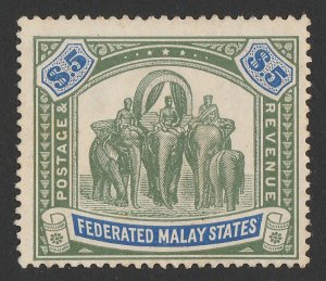 FEDERATED MALAY STATES 1904 Elephants $5 green & blue, wmk mult crown.  