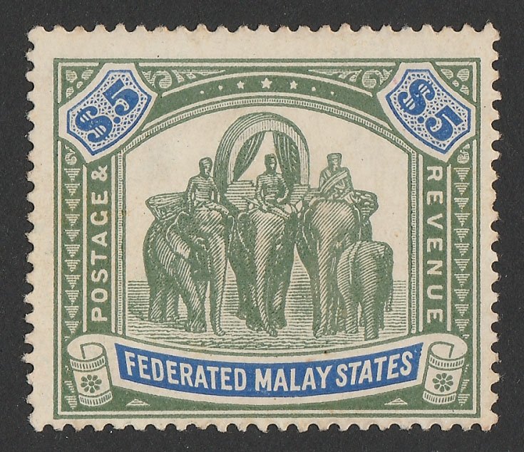 FEDERATED MALAY STATES 1904 Elephants $5 green & blue, wmk mult crown.  