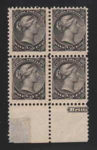 Canada Sc 34, SG 53 MNH. 1882-97 ½c black QV, perf 12, block of 4