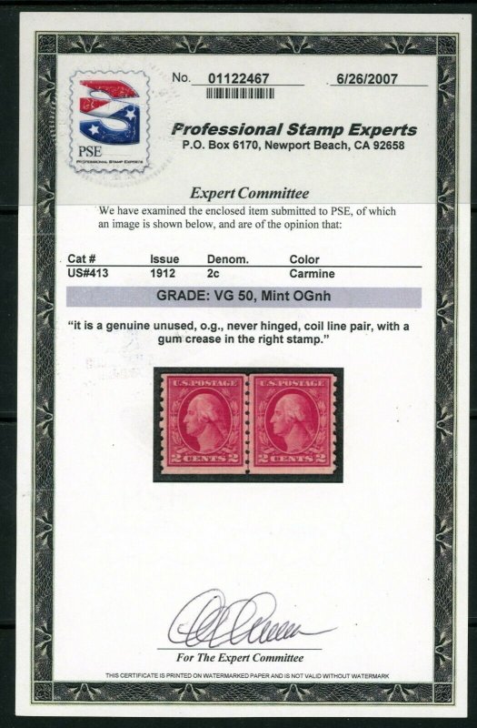 USAstamps Unused FVF US 1912 Washington Coil Line Pair Scott 413 OG MNH + Cert