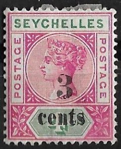 Seychelles # 22  Victoria -  3 cents on 4c  1893  (1) Unused