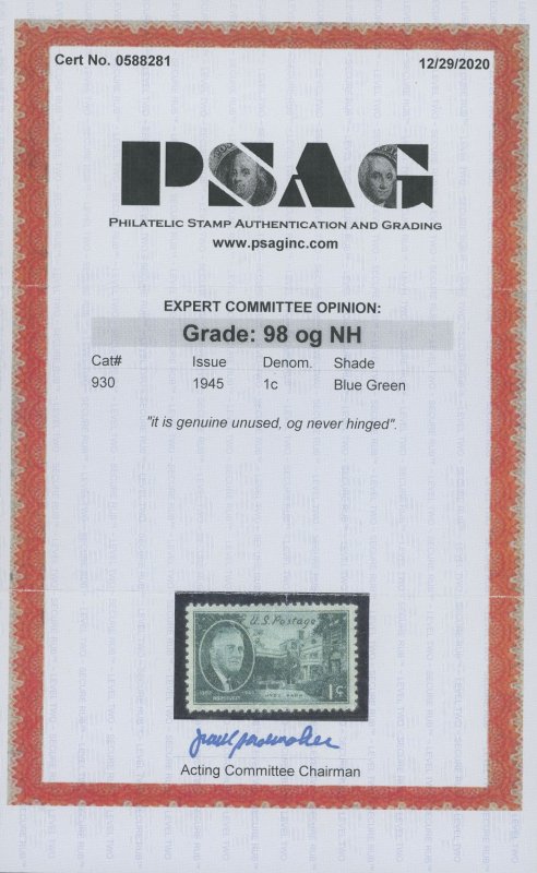 USA 930 - 1 cent Franklin Roosevelt - PSAG Graded Cert: Superb 98 Mint OGnh