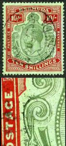 Bermuda KGV 10/- Green and Red/pale emerald SG92e Break in Lines below left Scro