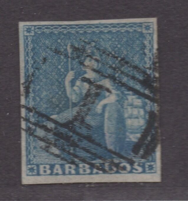 **Barbados, SC# 6 Used, FVF 4 Margin Single Stamp, CV $70.00