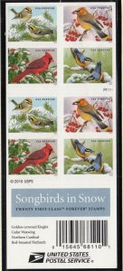 2016 Songbirds in Snow Sc 5129b booklet pane of 20 Forever rate  P1111