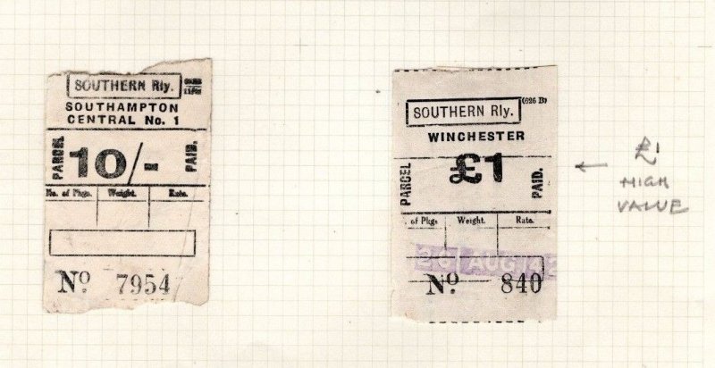 GB SOUTHERN RAILWAY Parcel Stamp HIGH VALUES £1 Winchester 10s Southampton  RL79